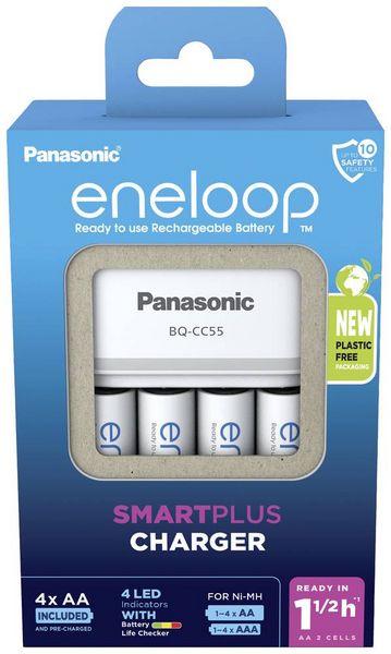 Produktbild: Panasonic Smart & Quick BQ-CC55 +4x eneloop AA Rundzellen-Ladeger&auml;t NiMH Micro (AAA), Mignon (AA)