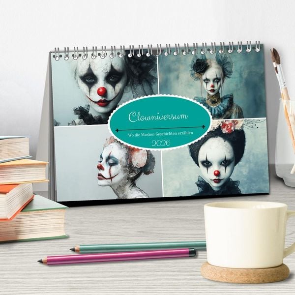 Produktbild: Clowniversum - Wo die Masken Geschichten erz&auml;hlen (Tischkalender 2026 DIN A5 quer), CALVENDO Monatskalender