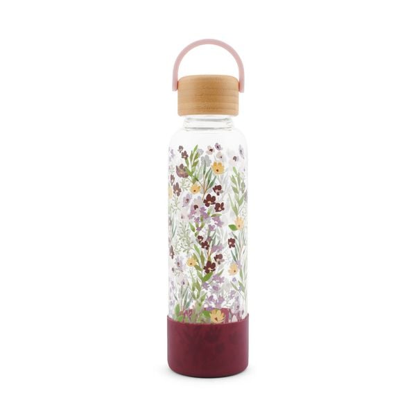 Trinkflasche aus Glas mit Silikoncover, 'Violet Bouquet'