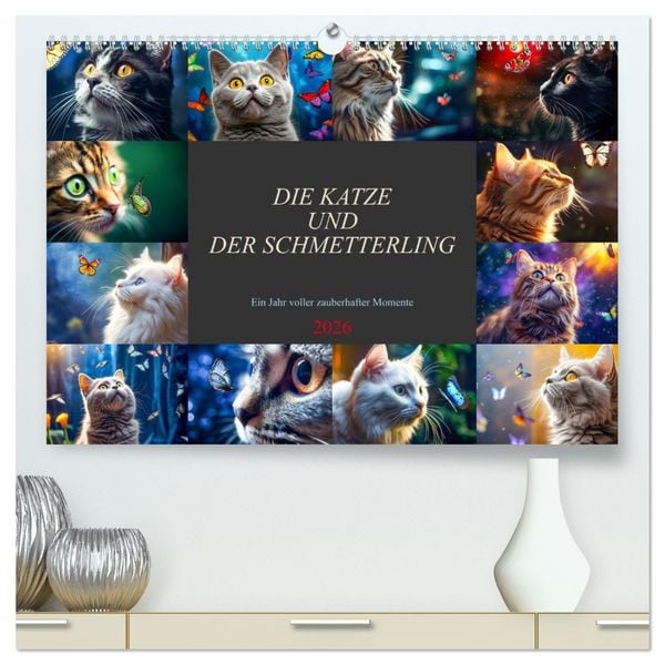 Produktbild: Die Katze und der Schmetterling (hochwertiger Premium Wandkalender 2026 DIN A2 quer), Kunstdruck in Hochglanz