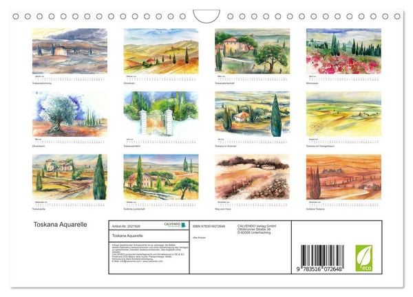 Produktbild: Toskana Aquarelle (Wandkalender 2026 DIN A4 quer), CALVENDO Monatskalender