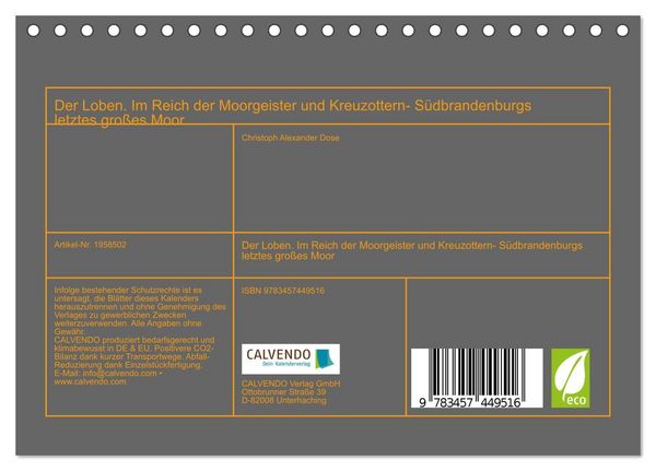 Produktbild: Der Loben. Im Reich der Moorgeister und Kreuzottern- S&uuml;dbrandenburgs letztes gro&szlig;es Moor (Tischkalender 2026 DIN A5 quer), CALVENDO Monatskalender