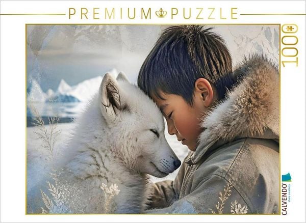CALVENDO Puzzle Vertrauen im ewigen Eis. Inuit-Junge & Polarwolfwelpe | 1000 Teile Lege-Größe 64x48cm Foto-Puzzle für glückliche Stunden