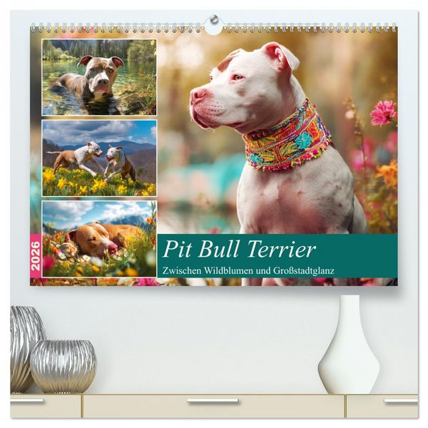 Produktbild: Pit Bull Terrier. Zwischen Wildblumen und Gro&szlig;stadtglanz (hochwertiger Premium Wandkalender 2026 DIN A2 quer), Kunstdruck in Hochglanz