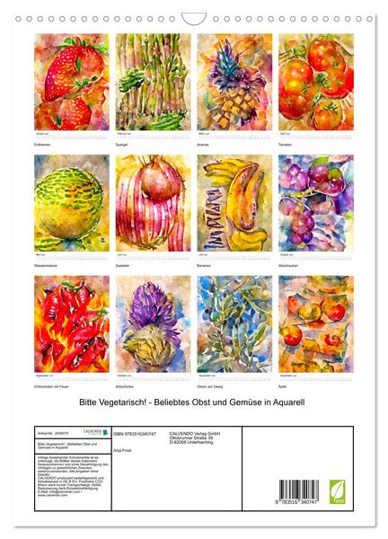 Produktbild: Bitte Vegetarisch! - Beliebtes Obst und Gem&uuml;se in Aquarell (Wandkalender 2026 DIN A3 hoch), CALVENDO Monatskalender