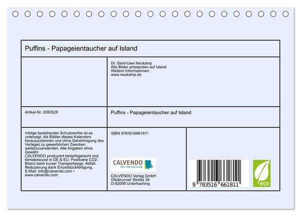 Produktbild: Puffins - Papageientaucher auf Island (Tischkalender 2026 DIN A5 quer), CALVENDO Monatskalender