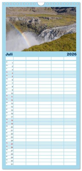 Produktbild: Familienplaner 2026 - Island - Gletscher, Wasserf&auml;lle, Hei&szlig;e Quellen mit 5 Spalten (Wandkalender, 21 x 45 cm) CALVENDO