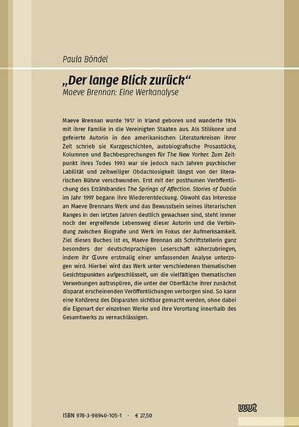 Produktbild: &bdquo;Der lange Blick zur&uuml;ck&ldquo;. Maeve Brennan: Eine Werkanalyse