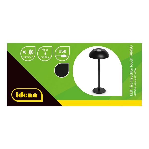 Produktbild: Idena LED Tischleuchte Touch Tango Metall schwarz 15x33cm Akku USB dimmbar 3 Modi Innen