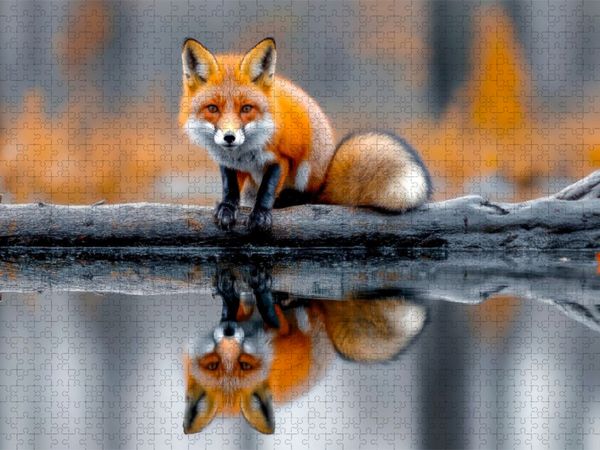 Produktbild: CALVENDO Puzzle Ein neugieriger Fuchs auf einem treibenden Baumstamm, umgeben von stillem Wasser | 2000 Teile Lege-Gr&ouml;&szlig;e 90x67cm Foto-Puzzle f&uuml;r gl&uuml;ck