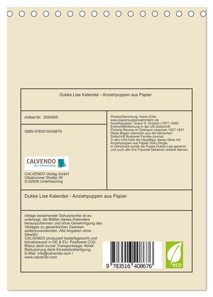Produktbild: Dukke Lise Kalender - Anziehpuppen aus Papier (Tischkalender 2026 DIN A5 hoch), CALVENDO Monatskalender