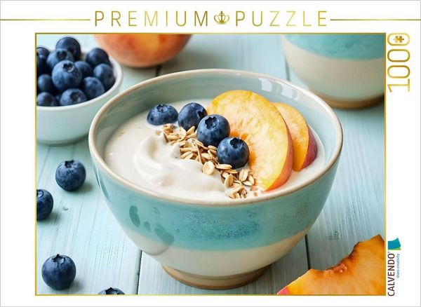 CALVENDO Puzzle Müsli Stillleben - Sommerliche Frische mit Blaubeeren und Pfirsich | 1000 Teile Lege-Größe 64x48cm Foto-Puzzle für glückliche Stunden