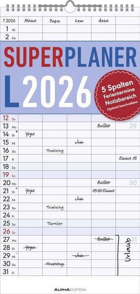 Produktbild: Superplaner L 2026 5 Spalten - Familien-Timer 22x45 cm - Offset-Papier - mit Ferienterminen - Wand-Planer - Familienkalender - Alpha Edition
