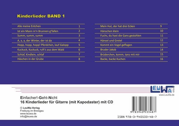 Produktbild: Einfacher!-Geht-Nicht: 16 Kinderlieder BAND 1 &ndash; f&uuml;r Gitarre mit Kapodaster incl. CD