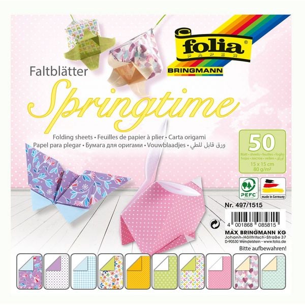 Folia Faltblätter SPRINGTIME 80g/m², 15x15cm, 50 Blatt, 10 Motive sortiert