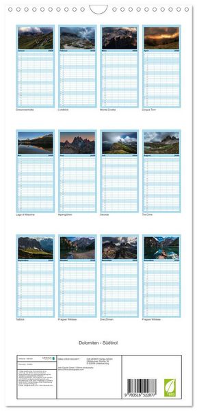 Produktbild: Familienplaner 2026 - Dolomiten - S&uuml;dtirol mit 5 Spalten (Wandkalender, 21 x 45 cm) CALVENDO