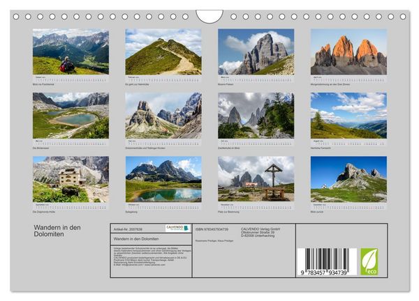Produktbild: Wandern in den Dolomiten (Wandkalender 2026 DIN A4 quer), CALVENDO Monatskalender