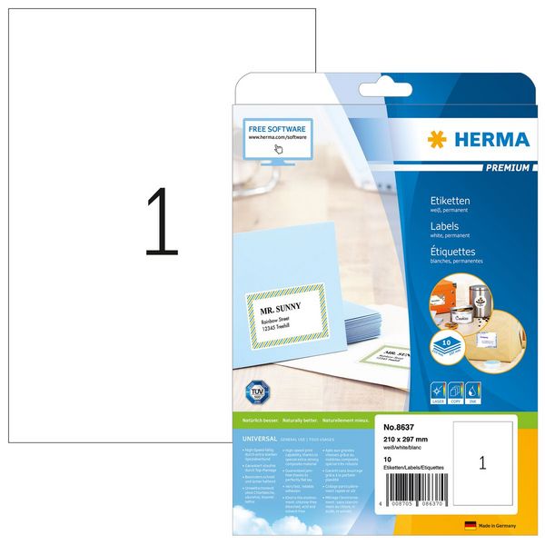 Produktbild: HERMA Etiketten permanent wei&szlig; 210x297mm 10 Blatt 10 St&uuml;ck