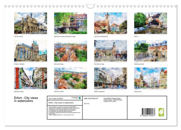 Produktbild: Erfurt - City views in watercolors (Wall Calendar 2026 DIN A3 landscape), CALVENDO 12 Month Wall Calendar
