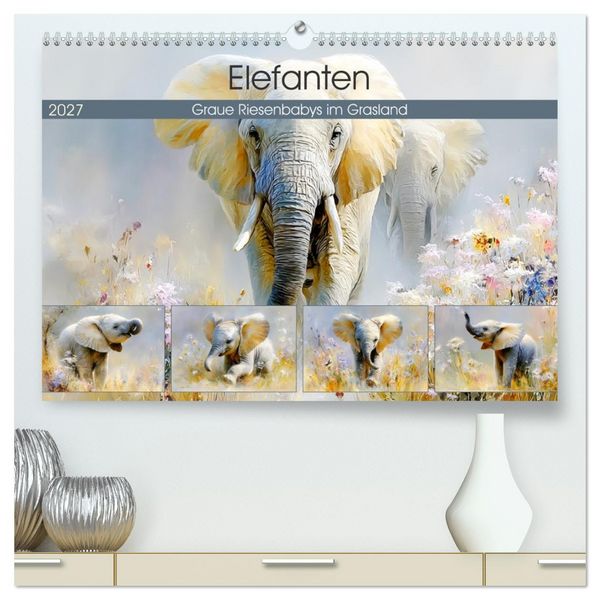 Produktbild: Elefanten. Graue Riesenbabys im Grasland (hochwertiger Premium Wandkalender 2027 DIN A2 quer), Kunstdruck in Hochglanz