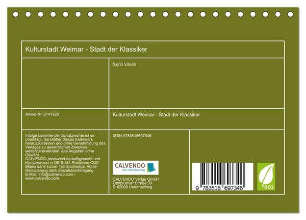 Produktbild: Kulturstadt Weimar - Stadt der Klassiker (Tischkalender 2026 DIN A5 quer), CALVENDO Monatskalender