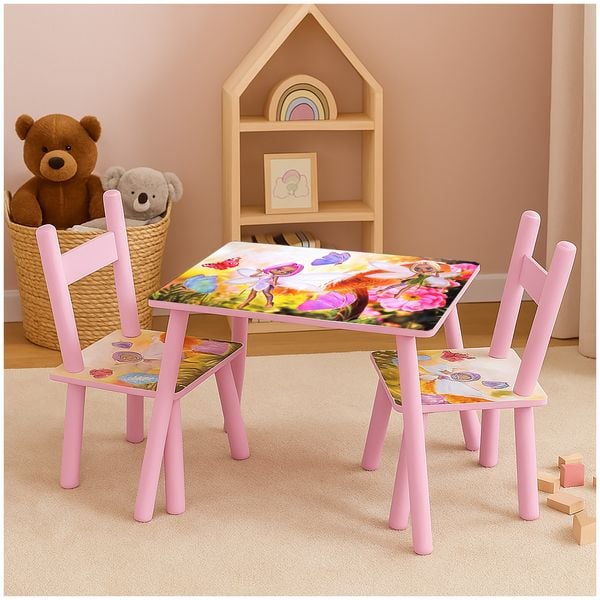 HTI-Living Kindertisch mit 2 Stühlen Motiv Blumenfee zum Malen Basteln Lernen
