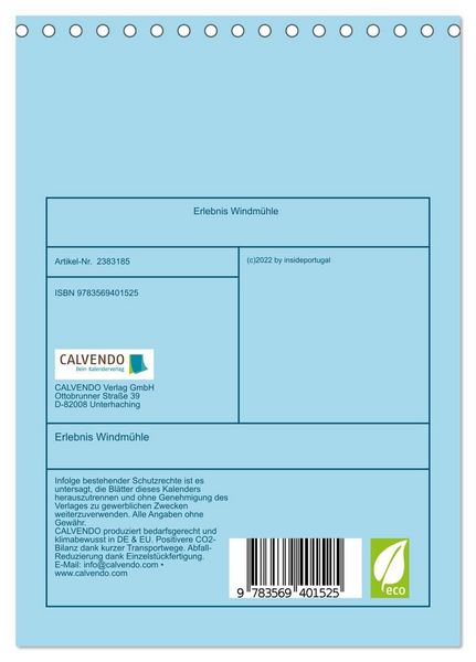Produktbild: Erlebnis Windm&uuml;hle (Tischkalender 2027 DIN A5 hoch), CALVENDO Monatskalender
