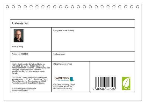 Produktbild: Usbekistan (Tischkalender 2026 DIN A5 quer), CALVENDO Monatskalender
