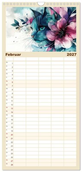 Produktbild: Familienplaner 2027 - Katzensymphonie in Aquarell mit 5 Spalten (Wandkalender, 21 x 45 cm) CALVENDO