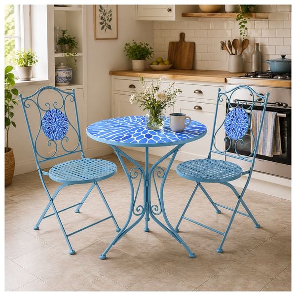 Produktbild: HTI-Living Bistro Sitzgruppe Metall blau Tisch mit 2 St&uuml;hlen Balkon Set Gartenm&ouml;bel Mosaik