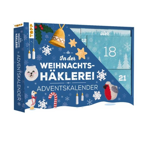 Produktbild: In der Weihnachtsh&auml;klerei - Der Adventskalender mit Material und Anleitungsbuch f&uuml;r 24 H&auml;kelprojekte