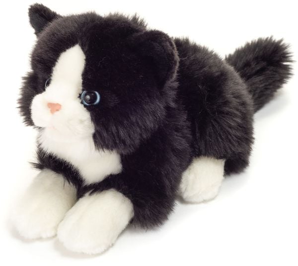 Teddy Hermann 90689 - Katze liegend, 20 cm, schwarz/weiß, Plüschtier