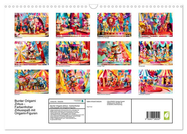 Produktbild: Bunter Origami Zirkus - Farbenfroher Zirkusspa&szlig; mit Origami-Figuren (Wandkalender 2026 DIN A3 quer), CALVENDO Monatskalender