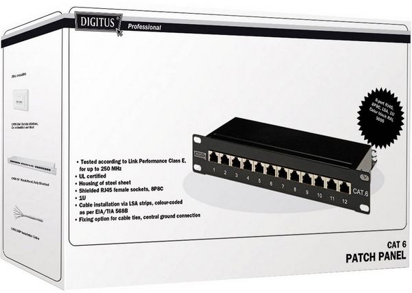 Produktbild: Digitus DN-91612S 12 Port Netzwerk-Patchpanel 254mm (10\") CAT 6 1 HE Best&uuml;ckt