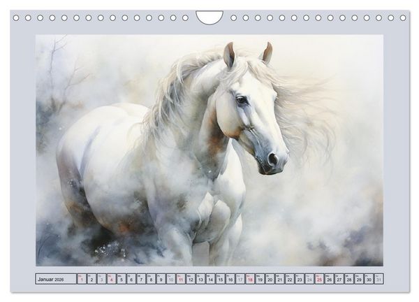 Produktbild: Anmutige Schimmel. &Auml;sthetik wei&szlig;er Aquarell-Pferde (Wandkalender 2026 DIN A4 quer), CALVENDO Monatskalender
