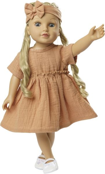 Produktbild: Puppenkleid aus 100 % Bio-Baumwolle mit R&uuml;schen und Haarband, karamell, 2-teilig