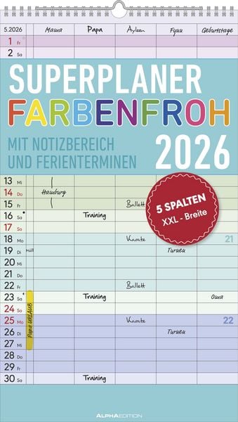 Produktbild: Superplaner Farbenfroh 2026 - 5 Spalten - Familienkalender 26x45 cm - Offset-Papier - mit Ferienterminen - Wandkalender - Wandplaner