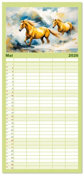 Produktbild: Familienplaner 2026 - Jahr des Pferdes - Der unbez&auml;hmbare Geist der Pferde mit 5 Spalten (Wandkalender, 21 x 45 cm) CALVENDO