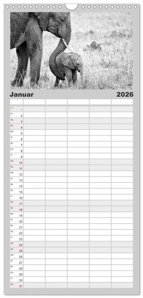 Produktbild: Familienplaner 2026 - Afrika Schwarz - Weiss mit 5 Spalten (Wandkalender, 21 x 45 cm) CALVENDO