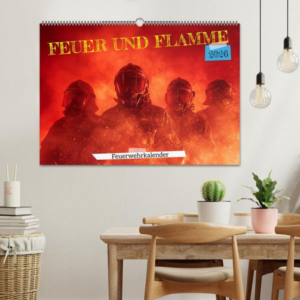 Produktbild: Feuer und Flamme - Feuerwehrkalender (Wandkalender 2026 DIN A2 quer), CALVENDO Monatskalender