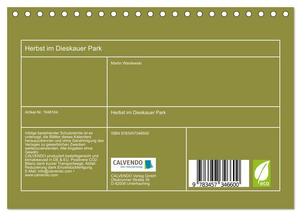 Produktbild: Herbst im Dieskauer Park (Tischkalender 2026 DIN A5 quer), CALVENDO Monatskalender