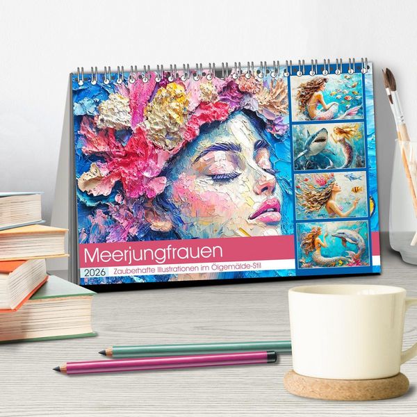 Produktbild: Meerjungfrauen. Zauberhafte Illustrationen im &Ouml;lgem&auml;lde-Stil (Tischkalender 2026 DIN A5 quer), CALVENDO Monatskalender