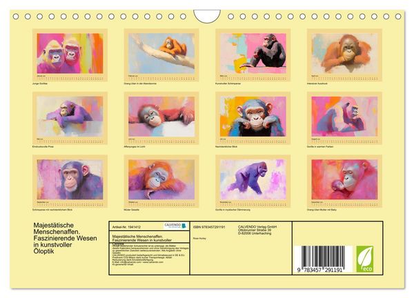 Produktbild: Majest&auml;tische Menschenaffen. Faszinierende Wesen in kunstvoller &Ouml;loptik (Wandkalender 2026 DIN A4 quer), CALVENDO Monatskalender