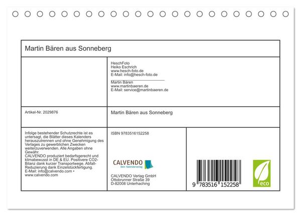 Produktbild: Martin B&auml;ren aus Sonneberg (Tischkalender 2026 DIN A5 quer), CALVENDO Monatskalender