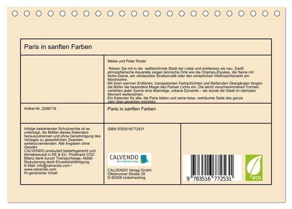 Produktbild: Paris in sanften Farben (Tischkalender 2027 DIN A5 quer), CALVENDO Monatskalender