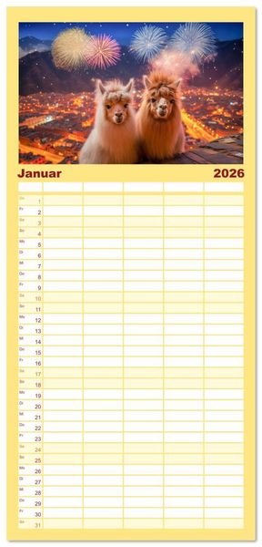 Produktbild: Familienplaner 2026 - Die Welt der Alpakas mit 5 Spalten (Wandkalender, 21 x 45 cm) CALVENDO