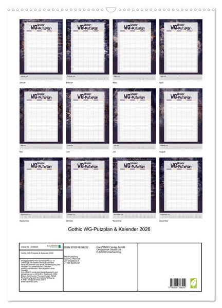 Produktbild: Gothic WG-Putzplan & Kalender 2026 (Wandkalender 2026 DIN A2 hoch), CALVENDO Monatskalender
