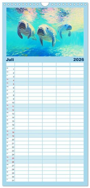 Produktbild: Familienplaner 2026 - Manatee Paintings. Rundschwanzseek&uuml;he im &Ouml;lgem&auml;lde-Stil mit 5 Spalten (Wandkalender, 21 x 45 cm) CALVENDO