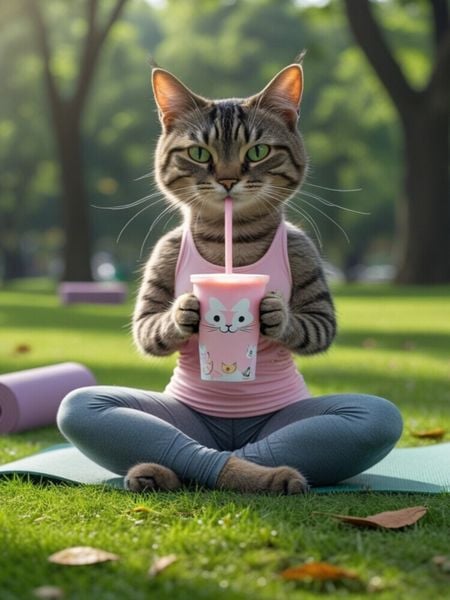 Produktbild: CALVENDO Puzzle Yoga-Katze mit Smoothie - witziges Katzenbild f&uuml;r Sportfans | 1000 Teile Lege-Gr&ouml;&szlig;e 64x48cm Foto-Puzzle f&uuml;r gl&uuml;ckliche Stunden