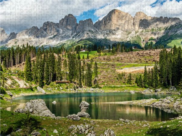 Produktbild: CALVENDO Puzzle Karersee mit Rosengartengruppe in den Dolomiten | 1000 Teile Lege-Gr&ouml;&szlig;e 64x48cm Foto-Puzzle f&uuml;r gl&uuml;ckliche Stunden